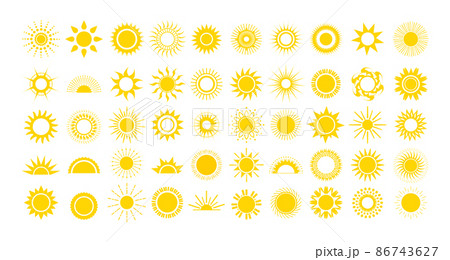 A set of yellow suns of different styles and shapes. Colored icons for creative design. 86743627