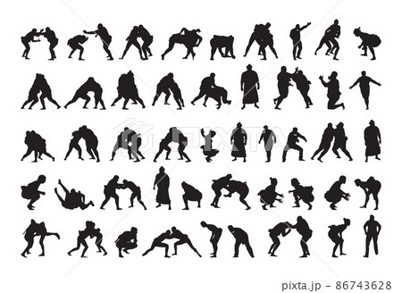 Collection of black silhouettes of people practicing sumo. Shadows of the fighting men on a white background. Martial arts illustrations. Collection of black silhouettes of people practicing sumo. Shadows of the fighting men on a white background. Martial arts illustrations. 86743628