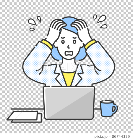 ノートパソコンの前に座って頭をかかえる若い女性の上半身イラスト 86744359