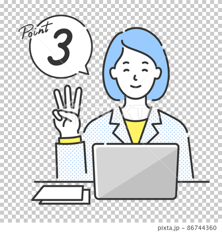 一名年輕女子坐在筆記本電腦前的上半身插圖，三個手指舉起，第 3 點出現語音氣泡 86744360