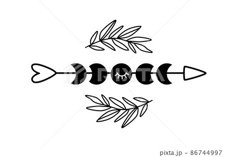 Celestial love arrow symbol. Black moon phase shape on the arrow. Valentines day symbol. Decorative romantic moon cycle graphic element isolated on white. Vector illustration. crescent 86744997