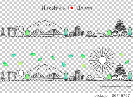 夏の広島県の観光地の街並みと太陽のシンプル線画セット 夏の広島県の観光地の街並みと太陽のシンプル線画セット 86746767