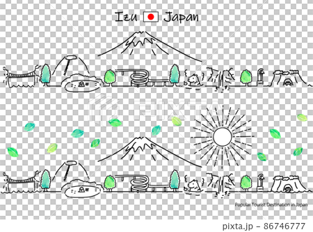 Simple line art set of the cityscape and the sun of the tourist spots of Izu in the summer 86746777