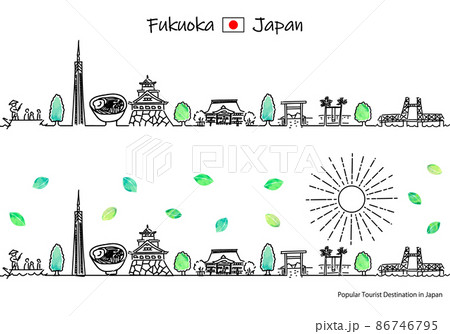 夏の福岡県の観光地の街並みと太陽のシンプル線画セット 夏の福岡県の観光地の街並みと太陽のシンプル線画セット 86746795