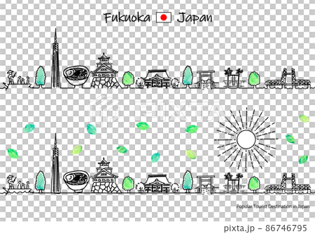 夏の福岡県の観光地の街並みと太陽のシンプル線画セット 夏の福岡県の観光地の街並みと太陽のシンプル線画セット 86746795