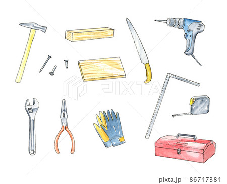 DIY道具の水彩イラスト　手描きアナログ 86747384