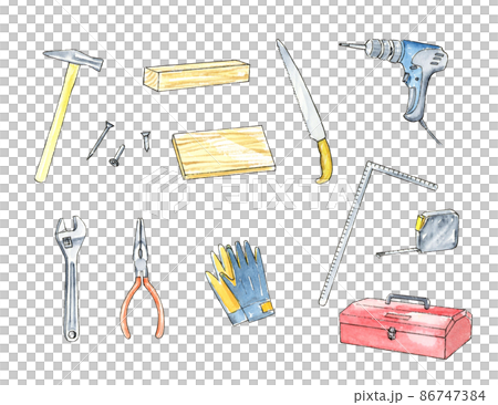 DIY道具の水彩イラスト 手描きアナログ 背景透過 DIY道具の水彩イラスト 手描きアナログ 背景透過 86747384