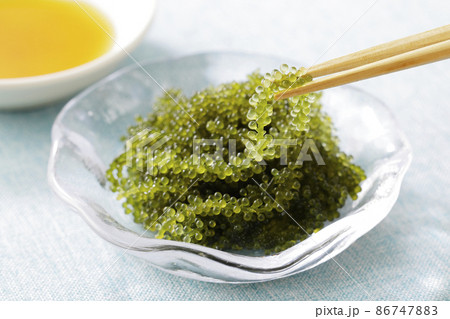 箸で持ち上げた海ぶどう 86747883