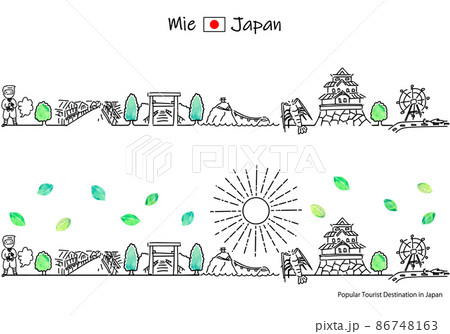 夏の三重県の観光地の街並みと太陽のシンプル線画セット 86748163