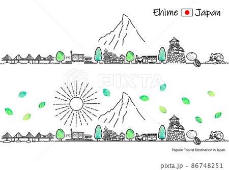 夏の愛媛県の観光地の街並みと太陽のシンプル線画セット 86748251