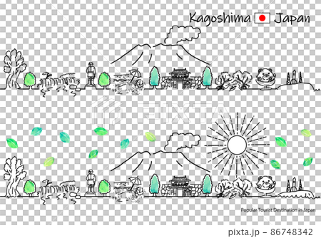 夏の鹿児島県の観光地の街並みと太陽のシンプル線画セット 86748342