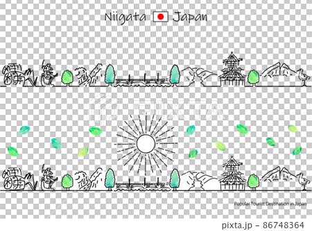 夏季新潟縣觀光景點的城市景觀和陽光的簡單線條藝術集 86748364
