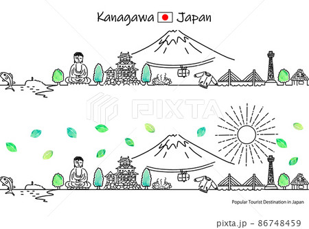 夏の神奈川県の観光地の街並みと太陽のシンプル線画セット 86748459