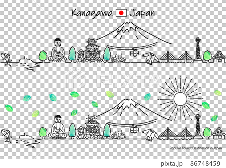 Simple line art set of the cityscape and the sun of sightseeing spots in Kanagawa prefecture in summer 86748459