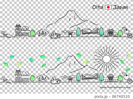 Simple line art set of the cityscape and the sun of sightseeing spots in Oita prefecture in summer Simple line art set of the cityscape and the sun of sightseeing spots in Oita prefecture in summer 86748520