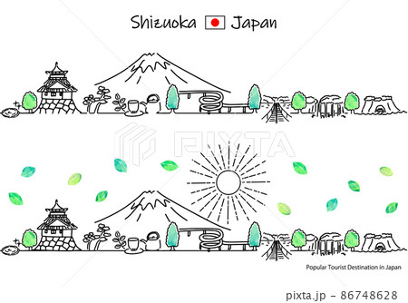 夏の静岡県の観光地の街並みと太陽のシンプル線画セット 86748628