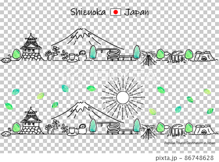 夏の静岡県の観光地の街並みと太陽のシンプル線画セット 86748628