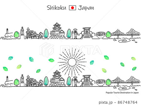 夏の四国の観光地の街並みと太陽のシンプル線画セット 86748764