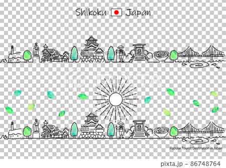 夏の四国の観光地の街並みと太陽のシンプル線画セット 86748764