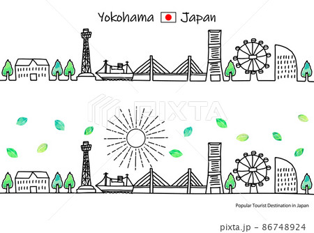 夏の横浜の観光地の街並みと太陽のシンプル線画セット 86748924