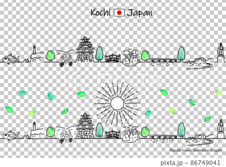 A simple line drawing set of the cityscape and the sun of a tourist spot in Kochi prefecture in the summer 86749041