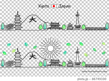 夏季京都觀光景點的城市景觀和陽光的簡單線條藝術集 86749100