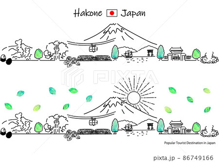 夏の箱根の観光地の街並みと太陽のシンプル線画セット 86749166
