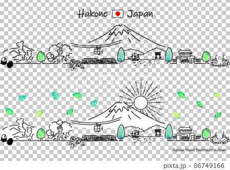 夏の箱根の観光地の街並みと太陽のシンプル線画セット 86749166