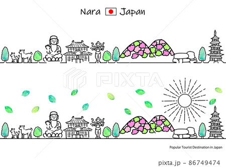 夏の奈良県の観光地の街並みと太陽のシンプル線画セット 86749474
