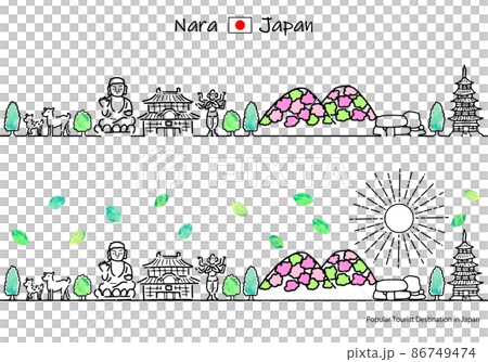 A simple line drawing set of the cityscape and the sun of a tourist spot in Nara prefecture in the summer 86749474