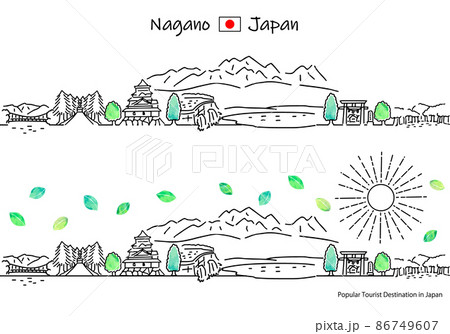 夏の長野県の観光地の街並みと太陽のシンプル線画セット 86749607