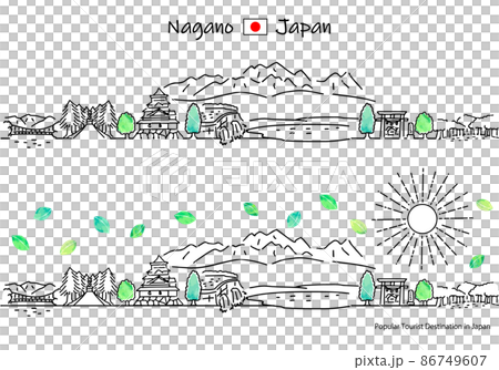 Simple line art set of the cityscape and the sun of sightseeing spots in Nagano prefecture in summer 86749607