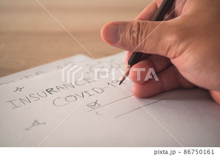 Health insurance in COVID concept. There is a blank for confirmation of signature. Papers on the table. 86750161