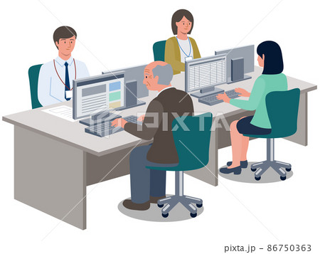 オフィスで若い人に混ざって働く高齢者のベクターイラスト オフィスで若い人に混ざって働く高齢者のベクターイラスト 86750363