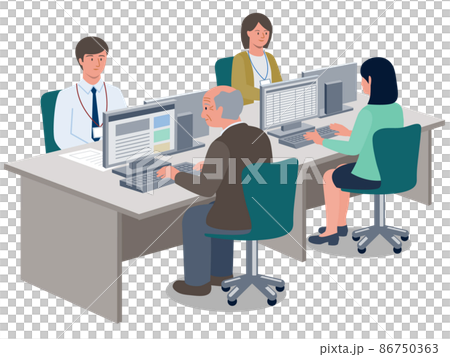オフィスで若い人に混ざって働く高齢者のベクターイラスト オフィスで若い人に混ざって働く高齢者のベクターイラスト 86750363