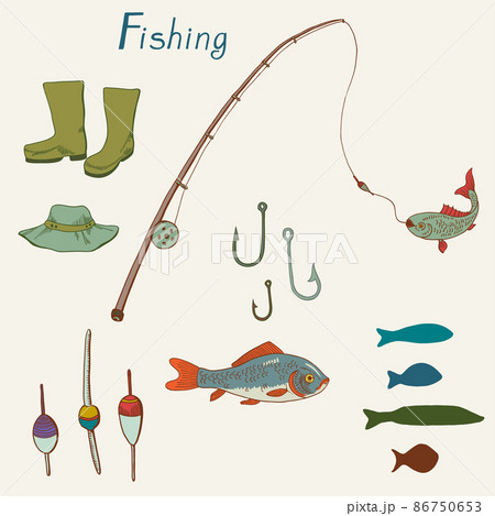 Hand drawn set of fishing equipment, hook, boots, rod Hand drawn set of fishing equipment, hook, boots, rod 86750653