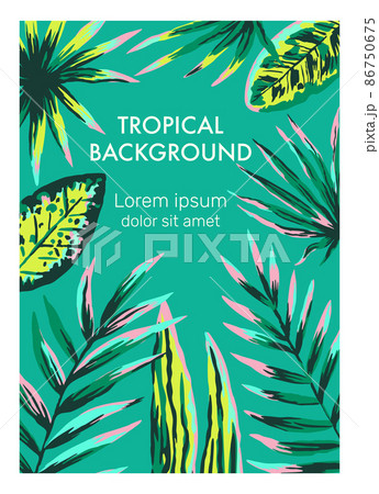 Original vector template with hand drawn neon jungle palm leaves and branches. Summer nature background. Original vector template with hand drawn neon jungle palm leaves and branches. Summer nature background. 86750675
