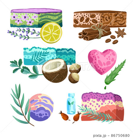 Collection of colorful hand made soap illustrations isolated on white background.  86750680