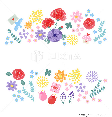 カラフルな春の花とプレゼントのイラスト カラフルな春の花とプレゼントのイラスト 86750688