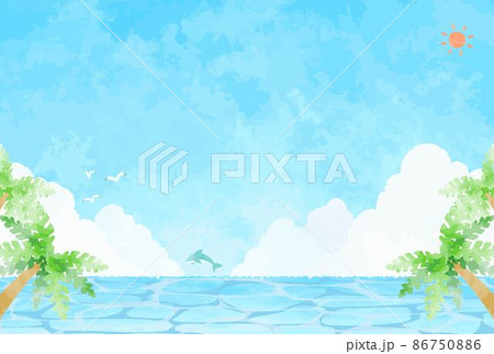 爽やかな夏の海とヤシの木と青空の背景イラストのイラスト素材