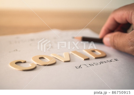 Health insurance in COVID concept. There is a blank for confirmation of signature. Papers on the table. 86750915
