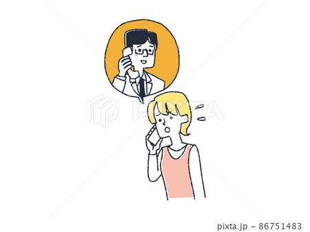 病院に電話をしている女性 コミカルな手書きの人物イラスト ベクター線画にシンプルな色つけ 病院に電話をしている女性 コミカルな手書きの人物イラスト ベクター線画にシンプルな色つけ 86751483