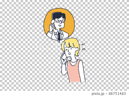 A woman calling the hospital, a comical handwritten illustration of a person, and a simple coloring of a vector line drawing. A woman calling the hospital, a comical handwritten illustration of a person, and a simple coloring of a vector line drawing. 86751483