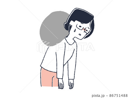 体のだるさを感じている女性 コミカルな手書きの人物イラスト ベクター線画にシンプルな色つけ 白バックのイラスト素材