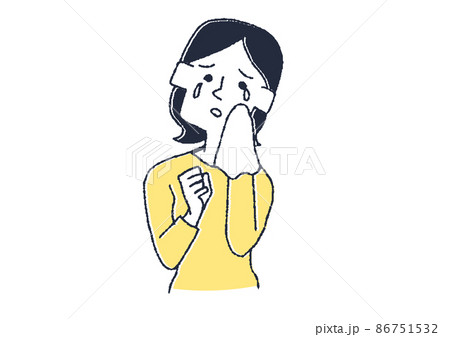 涙を流して泣いている女性 コミカルな手書きの人物イラスト ベクター線画にシンプルな色つけ 白バックのイラスト素材