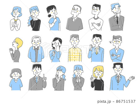 さまざまな年齢の人物のアイコンセット コミカルな手書きの人物イラスト ベクター線画 さまざまな年齢の人物のアイコンセット コミカルな手書きの人物イラスト ベクター線画 86751537