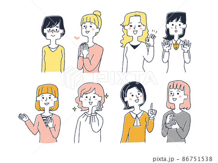 いろんなポーズの若い女性のセット　コミカルな手書きの人物イラスト　ベクター線画にシンプルな色つけ　　 86751538