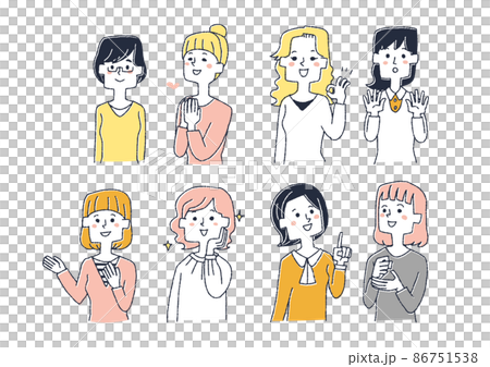 いろんなポーズの若い女性のセット　コミカルな手書きの人物イラスト　ベクター線画にシンプルな色つけ　　 86751538