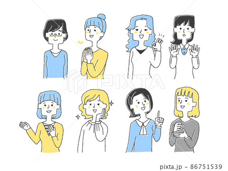 いろんなポーズの若い女性のセット　コミカルな手書きの人物イラスト　ベクター線画にシンプルな色つけ　　 86751539