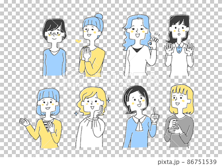 いろんなポーズの若い女性のセット　コミカルな手書きの人物イラスト　ベクター線画にシンプルな色つけ　　 86751539